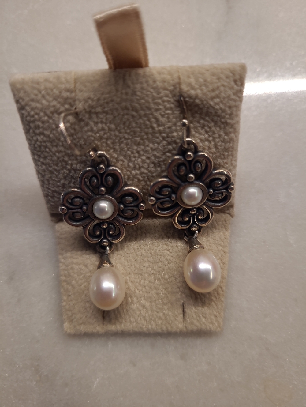James Avery Silver Floral Earrings with White Pearls